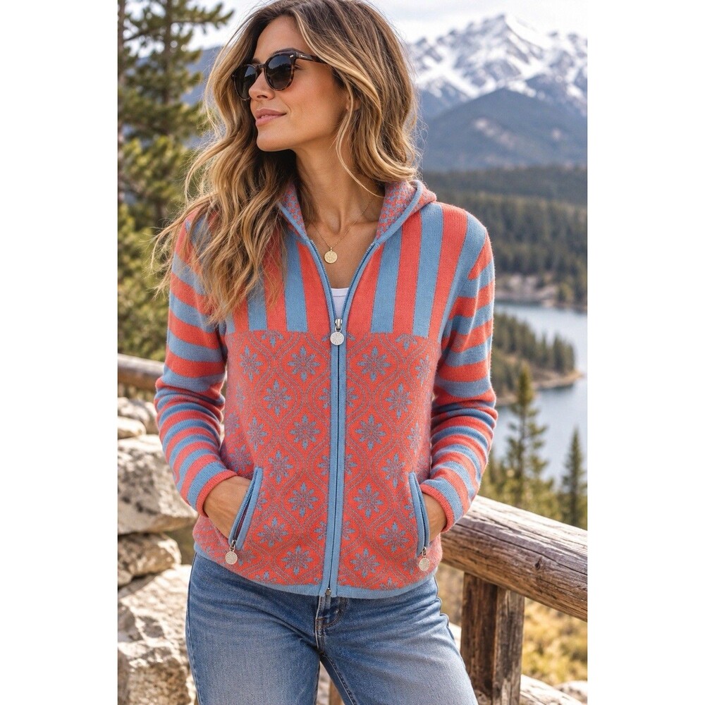 Neve Wool Blend Fair Isle Zip Up Hooded Sweater Women’s Small Nordic Colorful